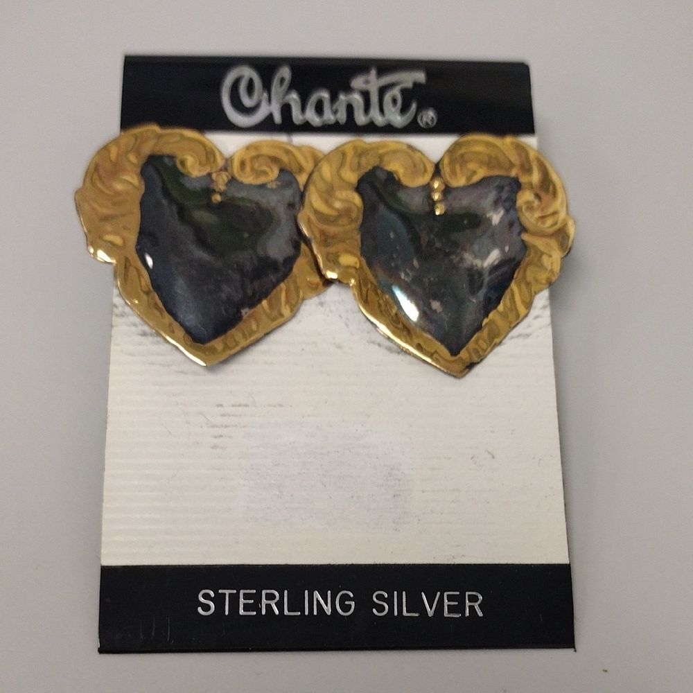 Sterling Silver Gold and Black Colored Heart Earrings .925